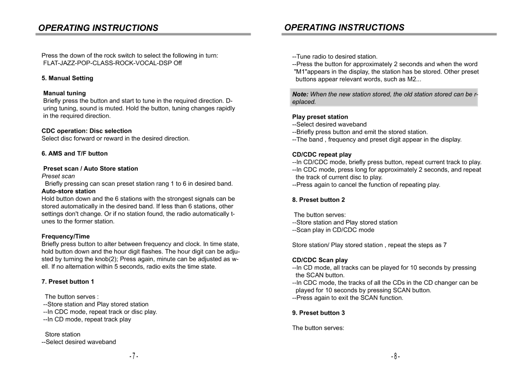 Jensen VR180 manual Manual Setting Manual tuning, CDC operation Disc selection, Auto-store station, Frequency/Time 