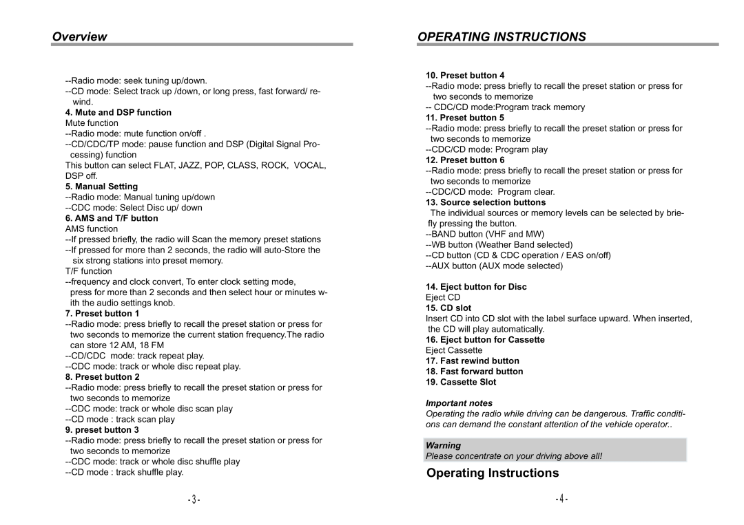 Jensen VR180 manual Operating Instructions, Important notes, Overview 