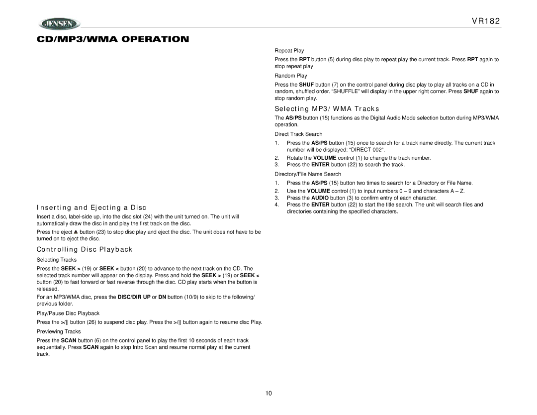 Jensen VR182 CD/MP3/WMA Operation, Inserting and Ejecting a Disc, Controlling Disc Playback, Selecting MP3/WMA Tracks 