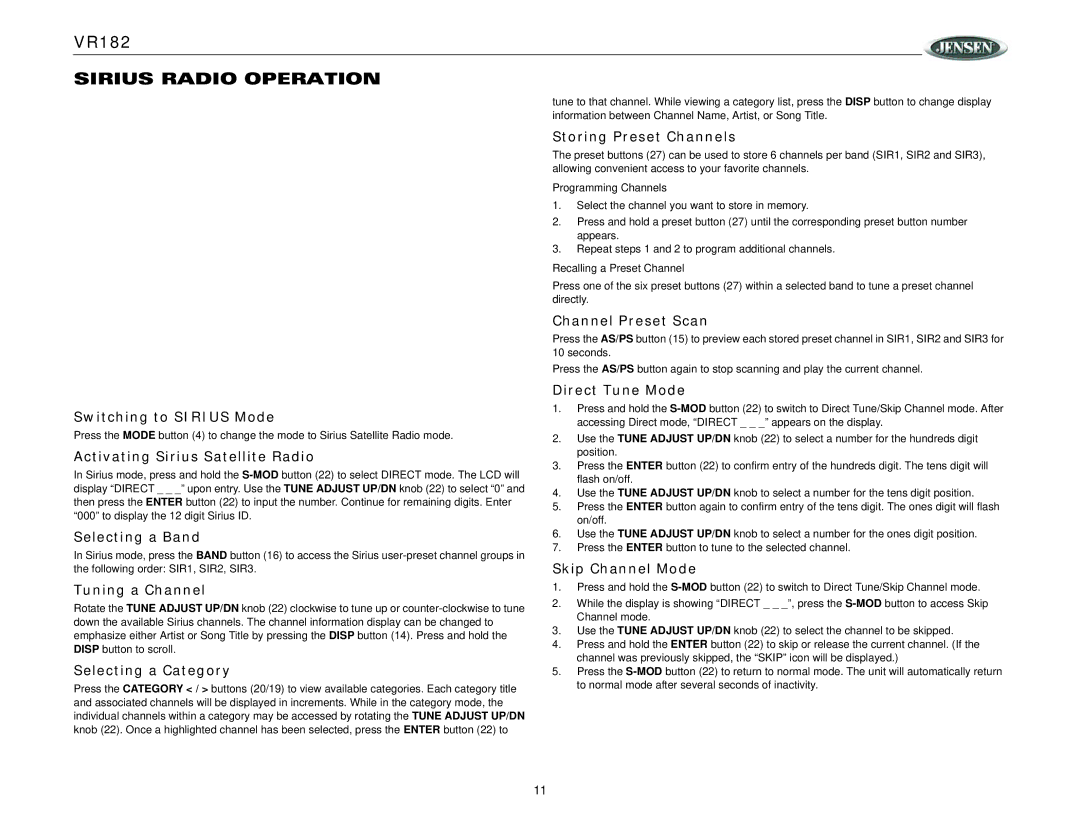 Jensen VR182 operation manual Sirius Radio Operation 