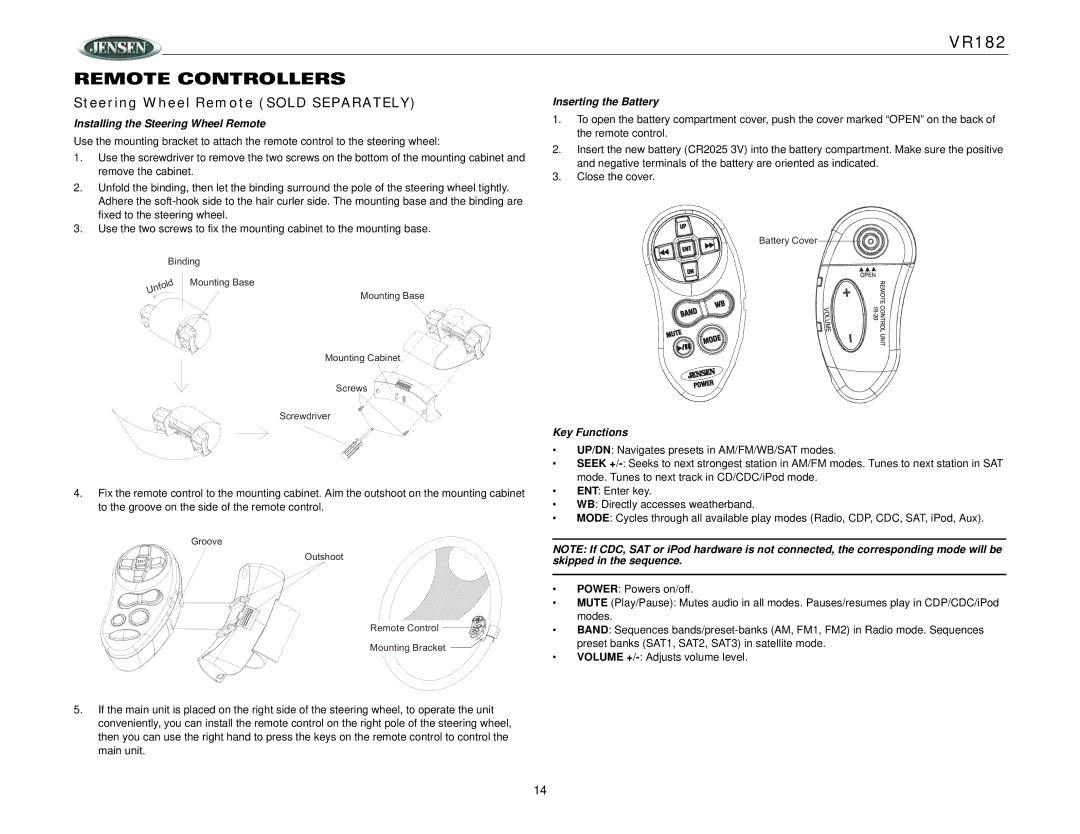 Jensen VR182 Remote Controllers, Steering Wheel Remote Sold Separately, Installing the Steering Wheel Remote 
