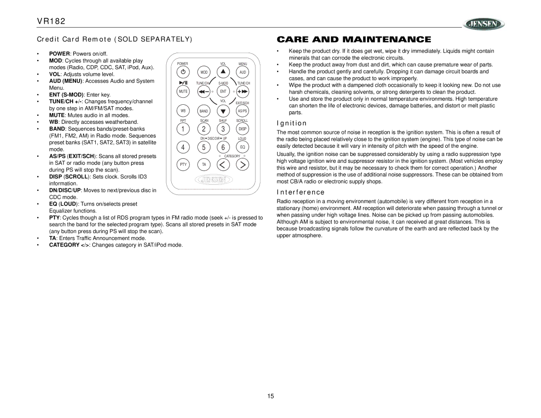 Jensen VR182 operation manual Care and Maintenance, Credit Card Remote Sold Separately, Ignition, Interference 