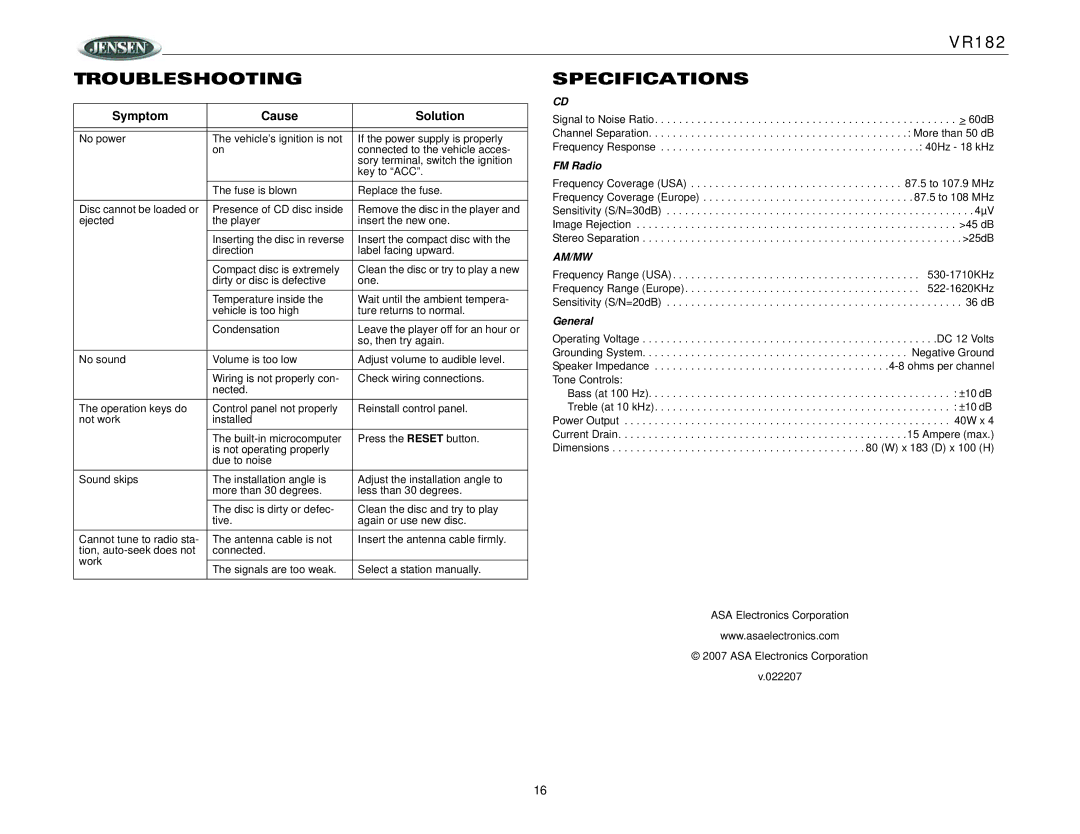 Jensen VR182 operation manual Troubleshootingspecifications, FM Radio, General 