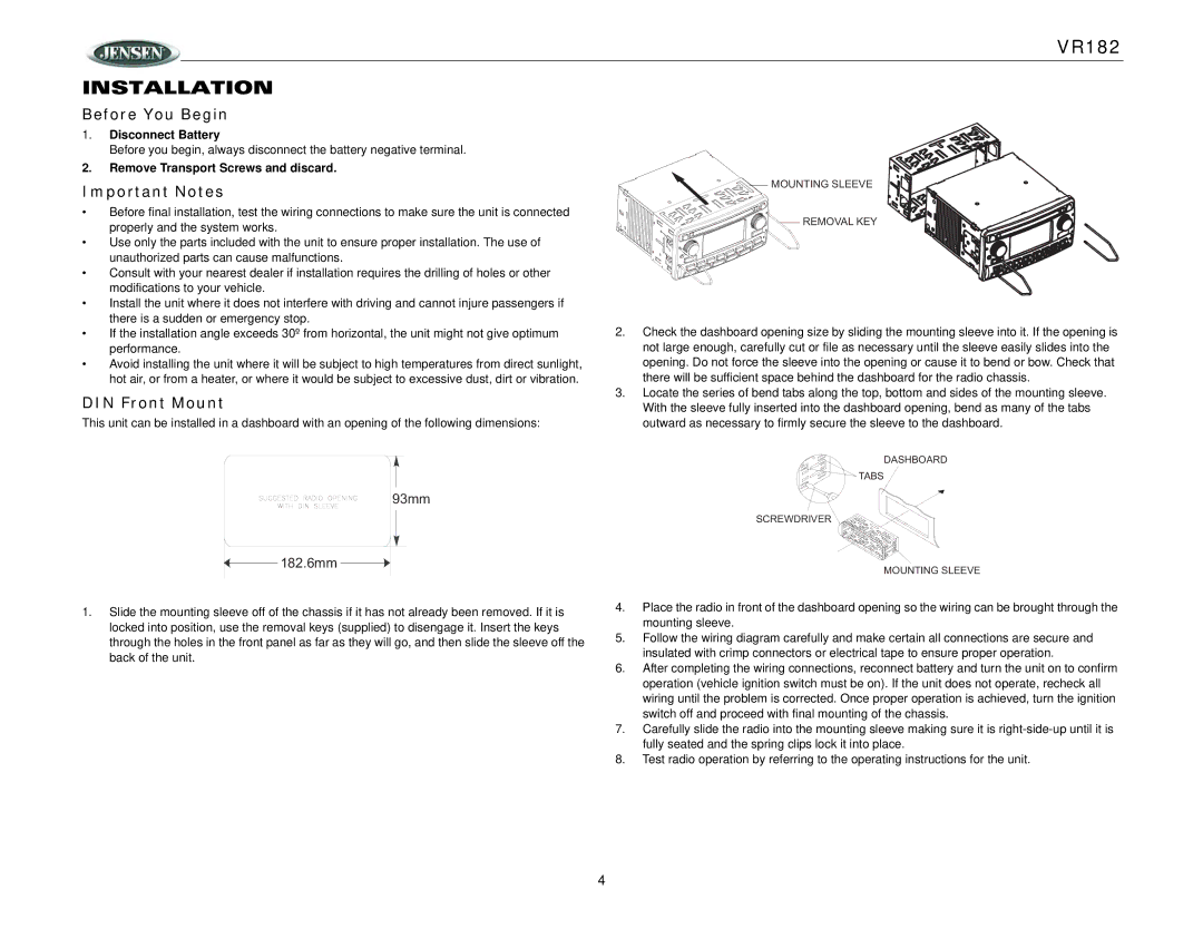 Jensen VR182 operation manual Installation, Before You Begin, Important Notes, DIN Front Mount 