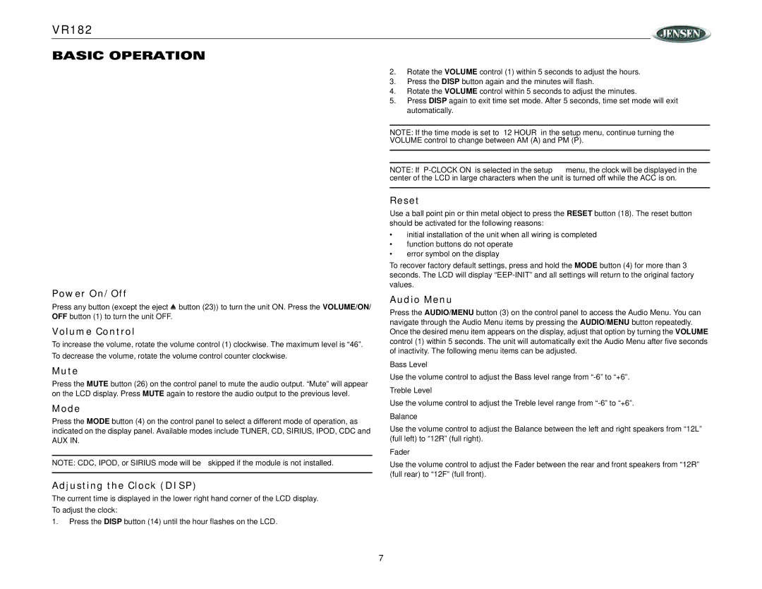 Jensen VR182 operation manual Basic Operation 