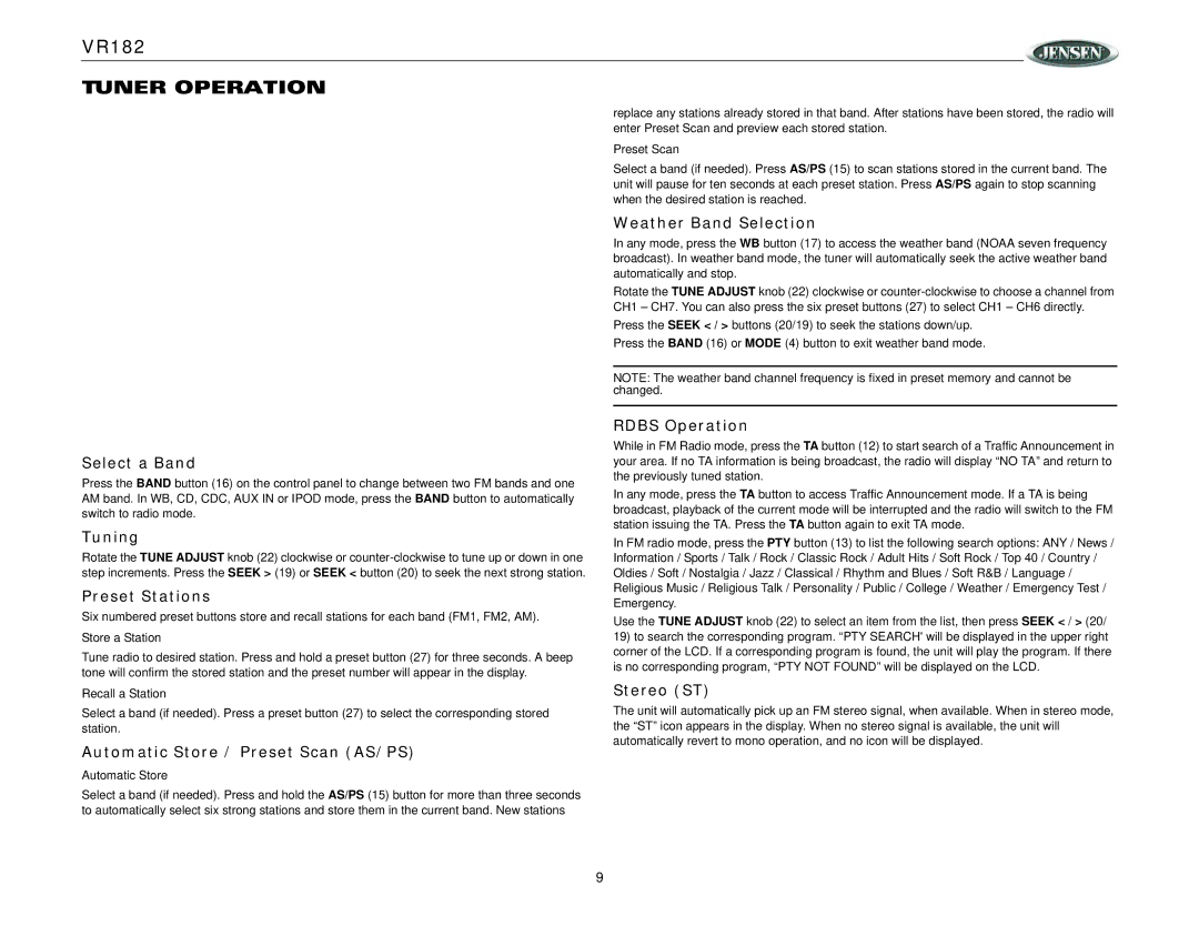 Jensen VR182 operation manual Tuner Operation 