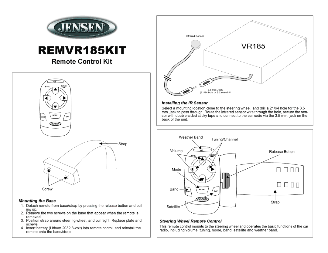 Jensen manual REMVR185KIT, Remote Control Kit 