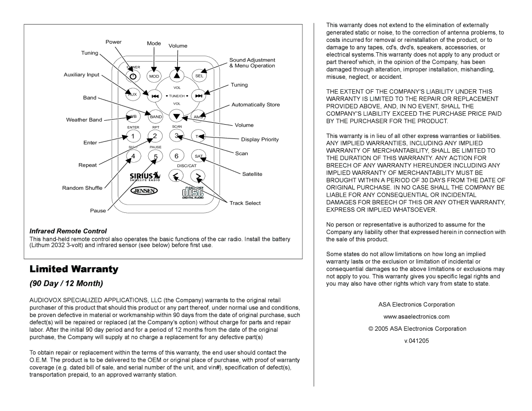 Jensen VR185 manual Limited Warranty, Day / 12 Month, Infrared Remote Control 