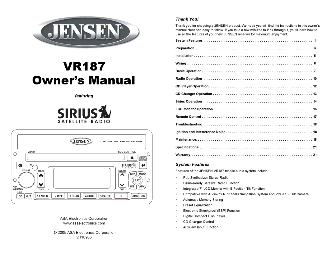 Jensen VR187 owner manual Featuring, Thank You, System Features, ASA Electronics Corporation 110905 