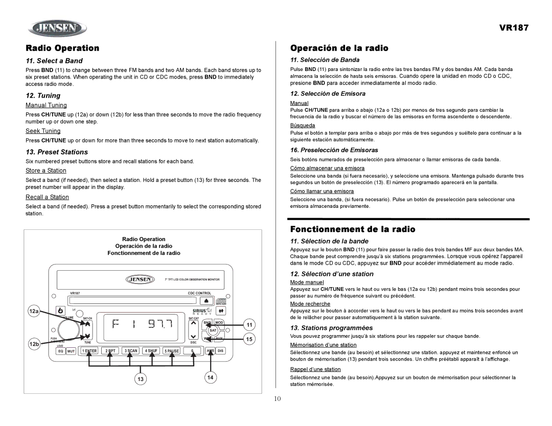 Jensen owner manual Radio Operation, VR187 Operación de la radio, Fonctionnement de la radio 