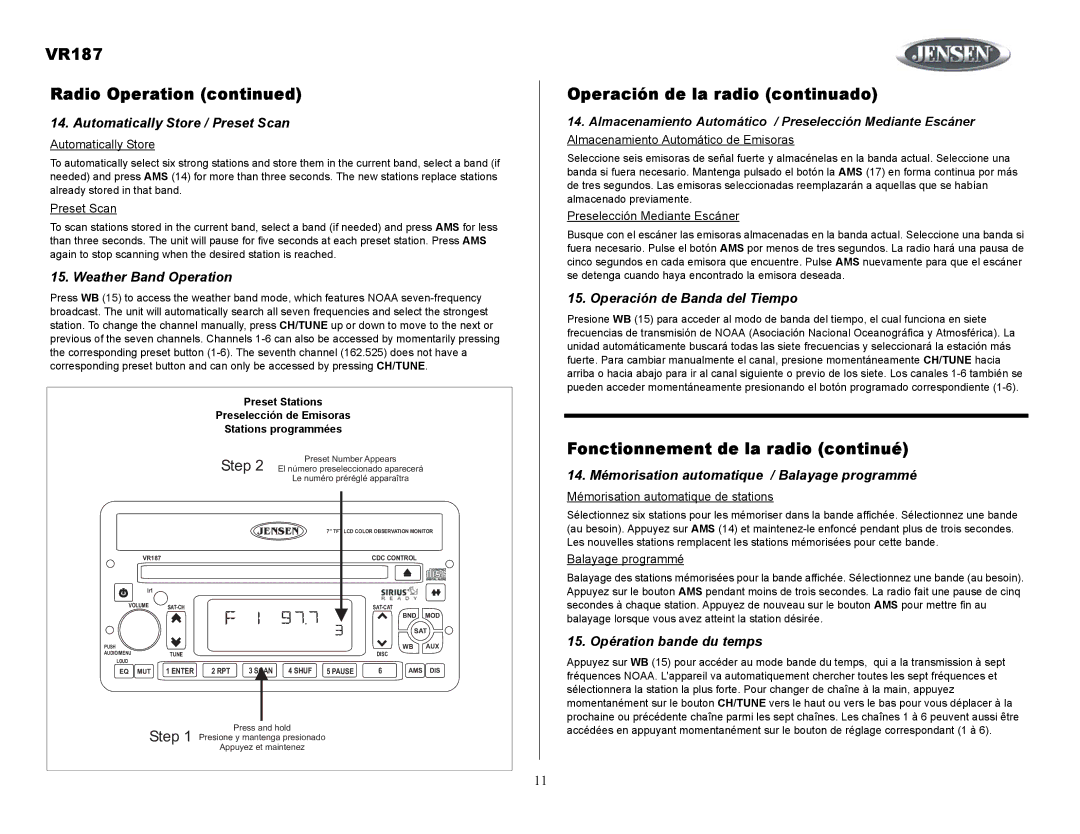 Jensen owner manual VR187 Radio Operation, Operación de la radio continuado, Fonctionnement de la radio continué 