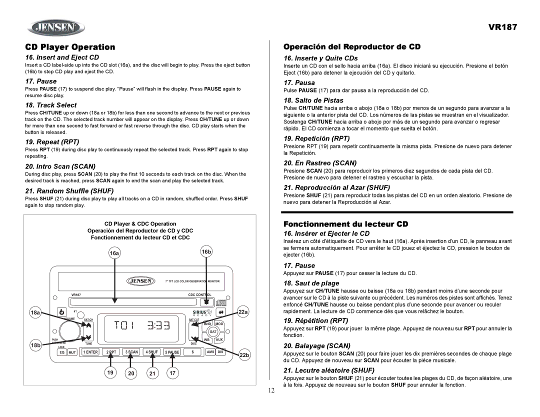 Jensen VR187 owner manual CD Player Operation 