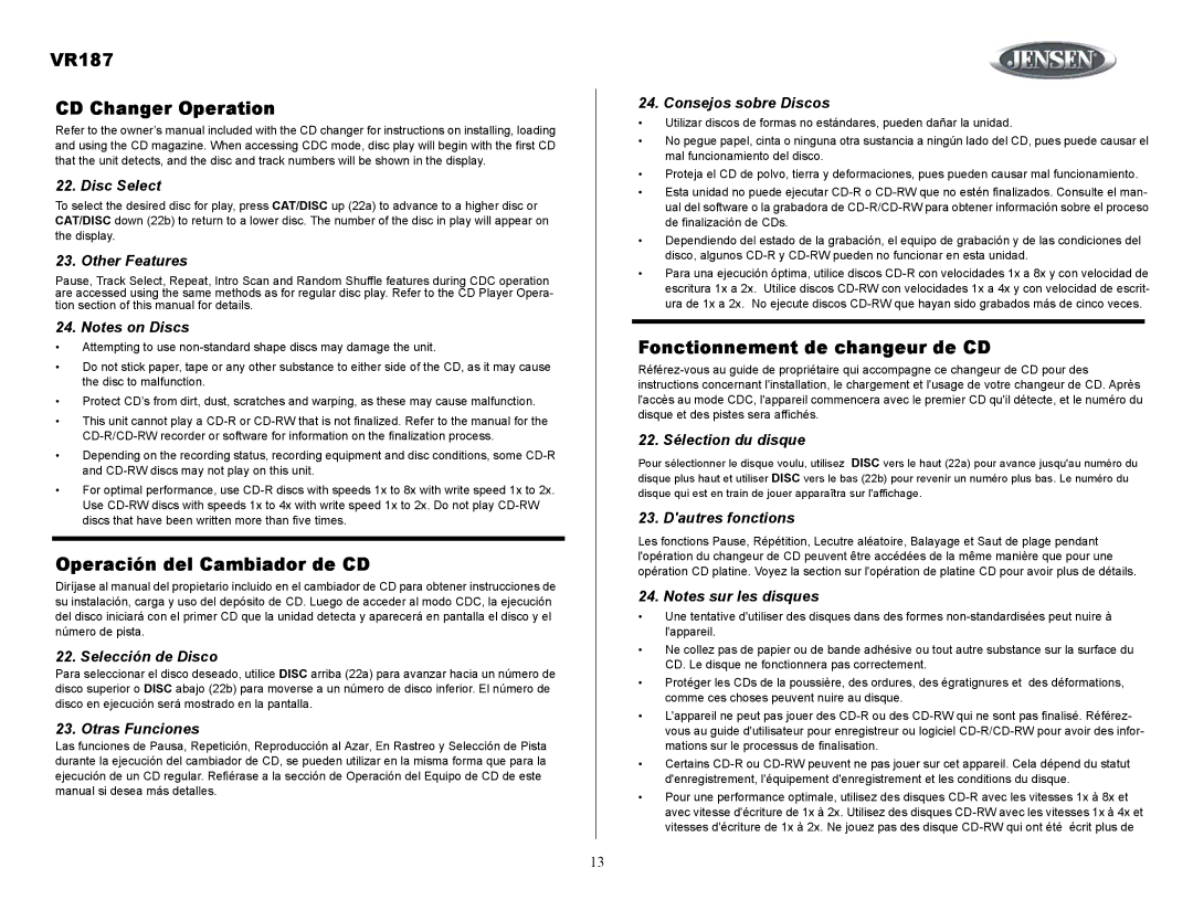 Jensen owner manual VR187 CD Changer Operation, Operación del Cambiador de CD, Fonctionnement de changeur de CD 