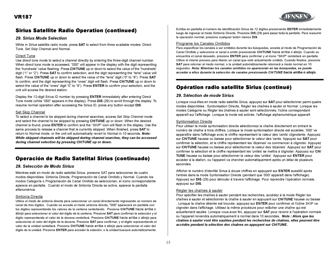 Jensen owner manual VR187 Sirius Satellite Radio Operation, Operación de Radio Satelital Sirius continuado 