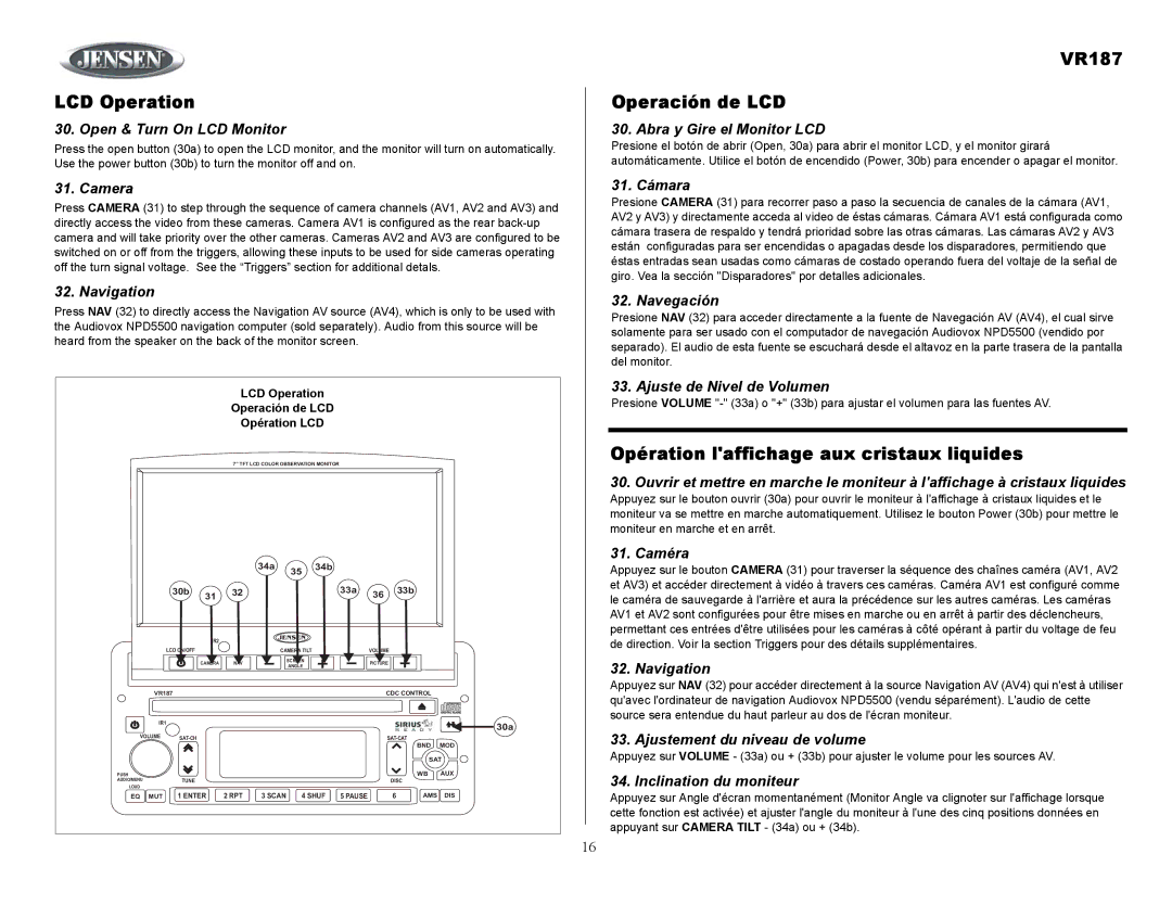 Jensen owner manual LCD Operation, VR187 Operación de LCD, Opération laffichage aux cristaux liquides 