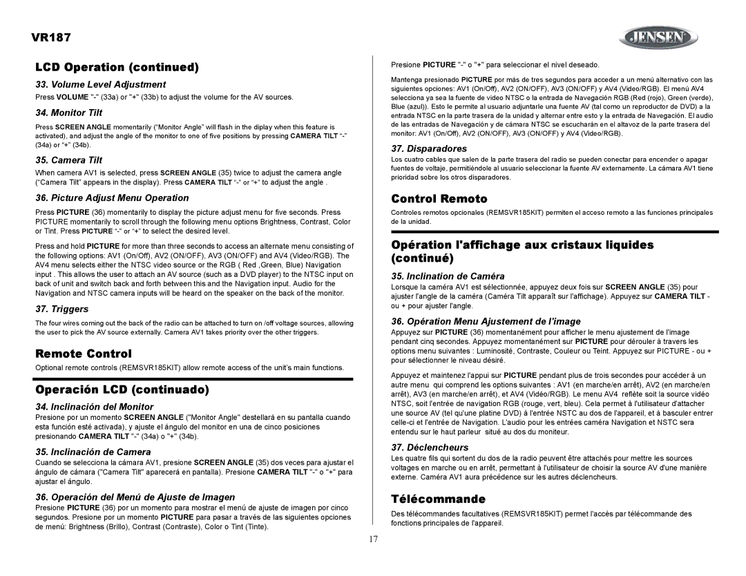 Jensen owner manual VR187 LCD Operation, Remote Control, Operación LCD continuado, Control Remoto, Télécommande 