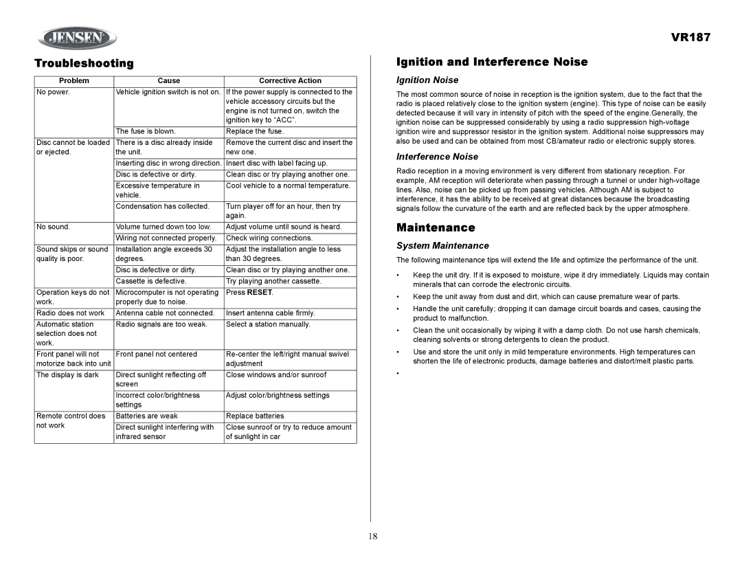 Jensen owner manual Troubleshooting, VR187 Ignition and Interference Noise, Maintenance 