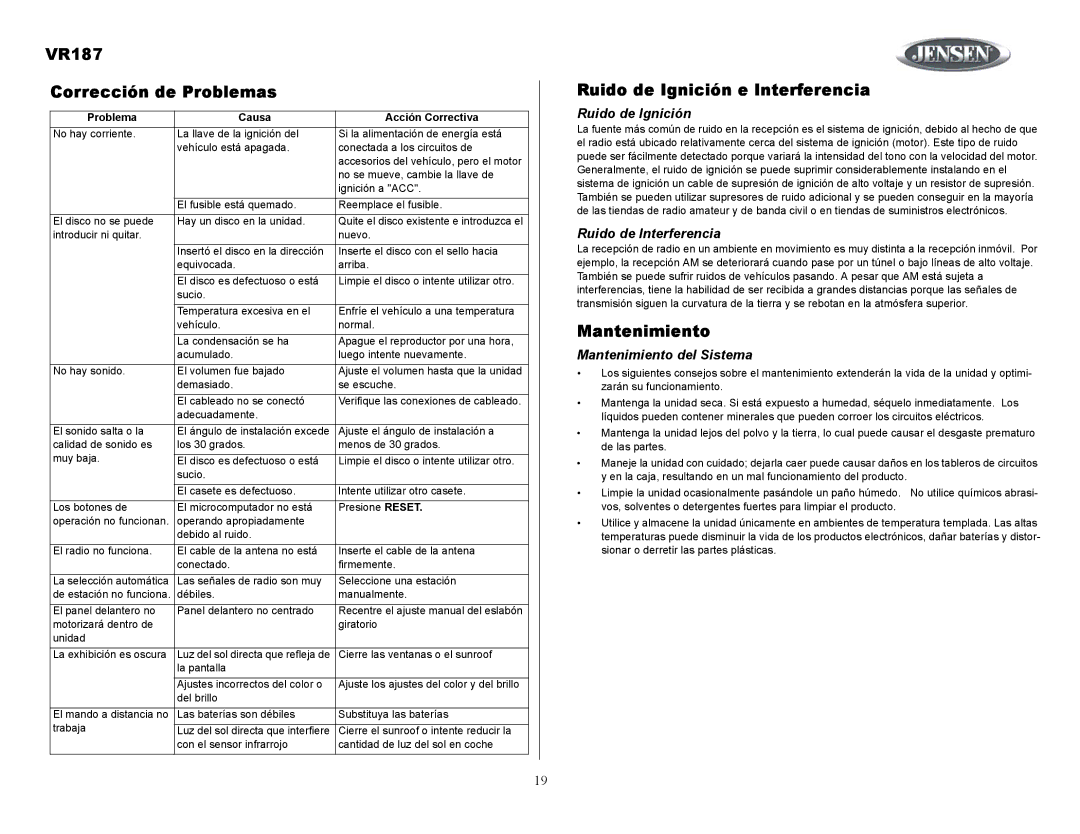 Jensen owner manual VR187 Corrección de Problemas, Ruido de Ignición e Interferencia, Mantenimiento 