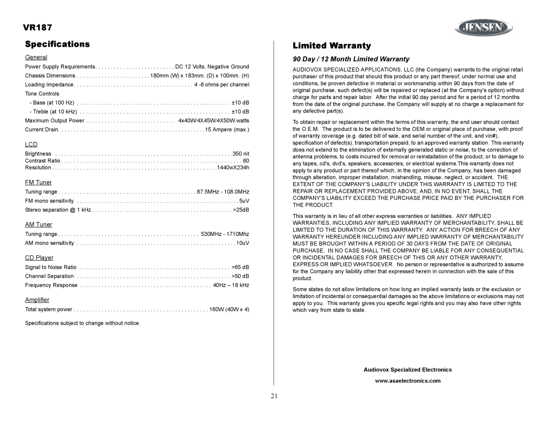 Jensen owner manual VR187 Specifications, Day / 12 Month Limited Warranty 