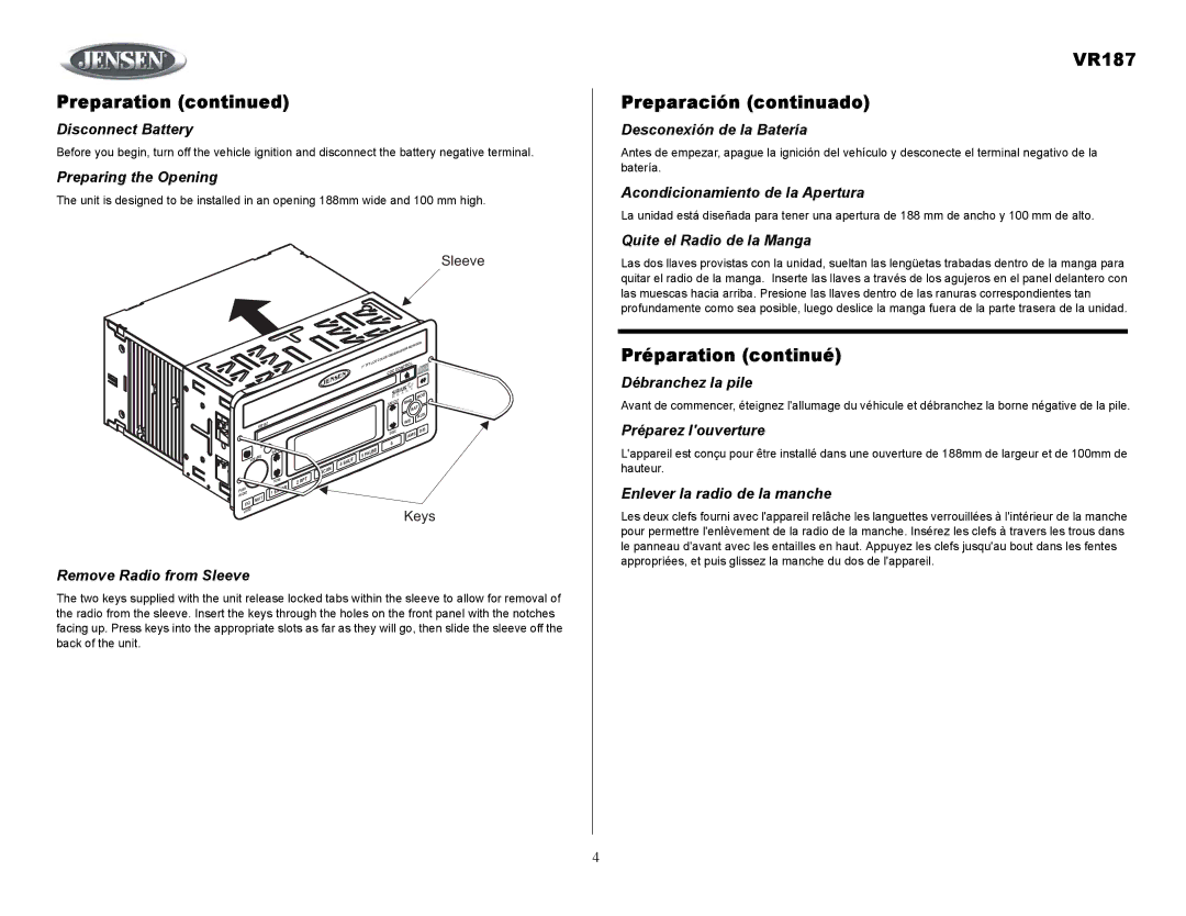 Jensen owner manual VR187 Preparación continuado, Préparation continué 