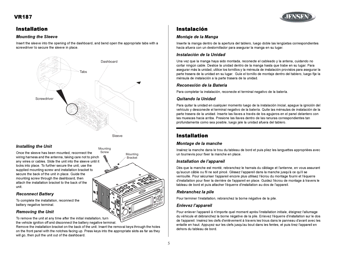 Jensen owner manual VR187 Installation, Instalación 