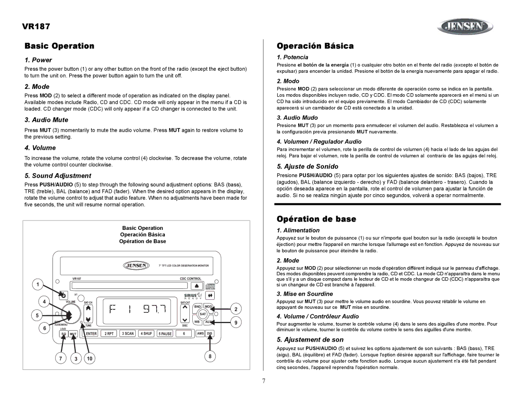 Jensen owner manual VR187 Basic Operation, Operación Básica, Opération de base 