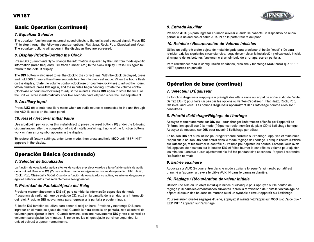 Jensen VR187 Equalizer Selector, Display Priority/Setting the Clock, Auxiliary Input, Reset / Recover Initial Value 