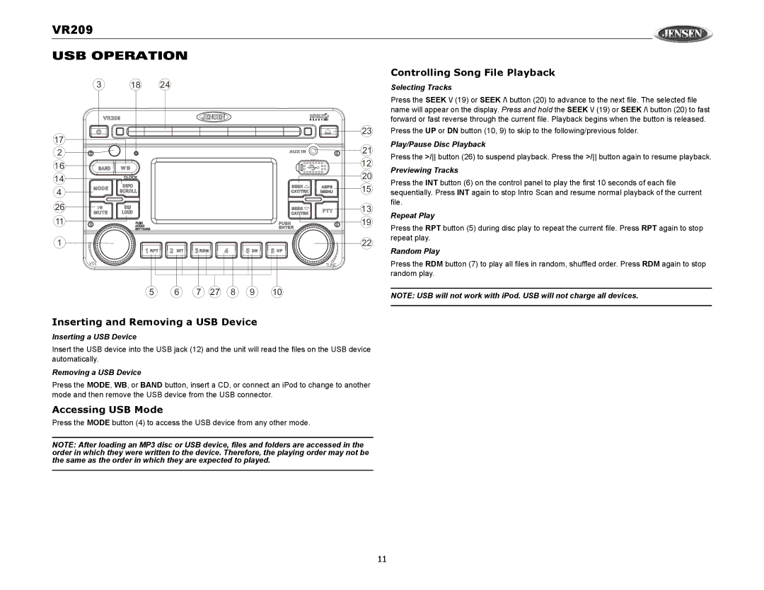 Jensen VR209 USB Operation, Inserting and Removing a USB Device, Accessing USB Mode, Inserting a USB Device 