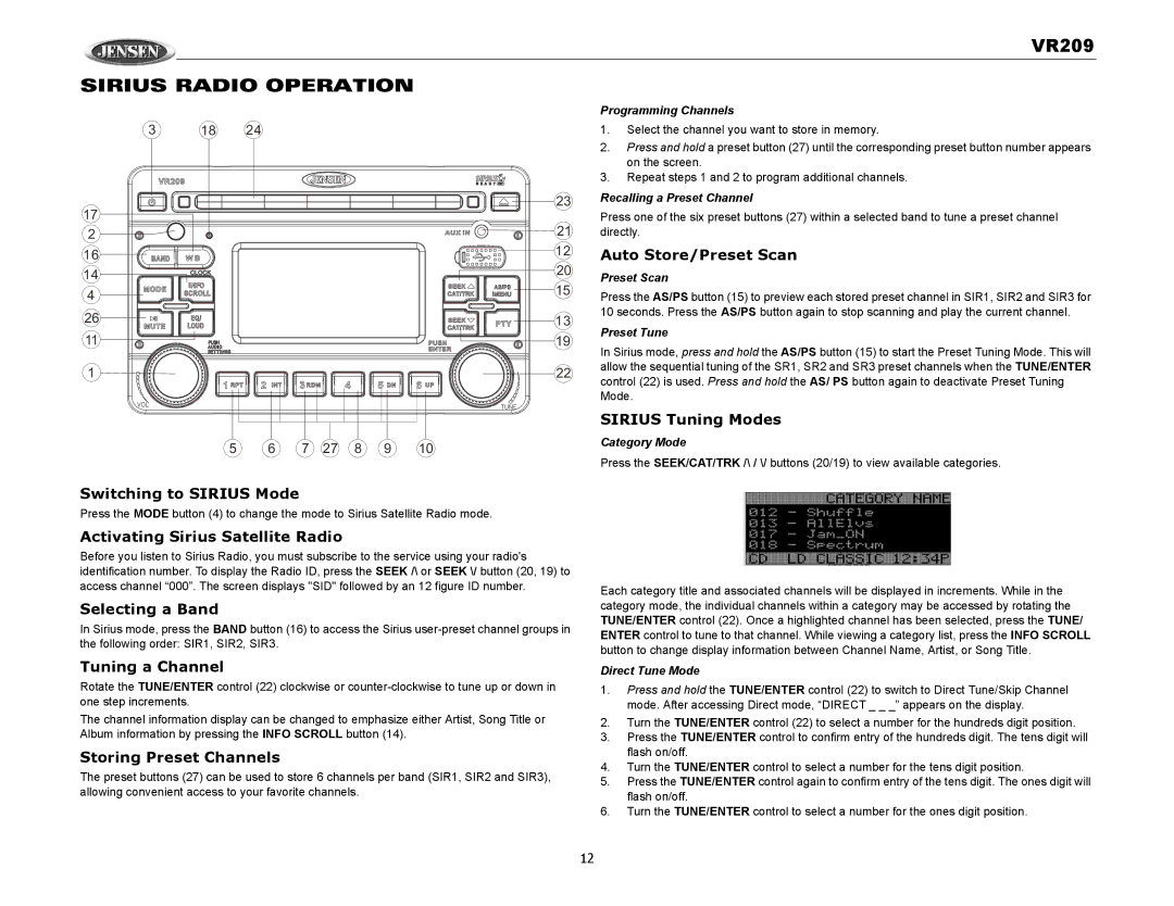 Jensen VR209 operation manual Sirius Radio Operation 