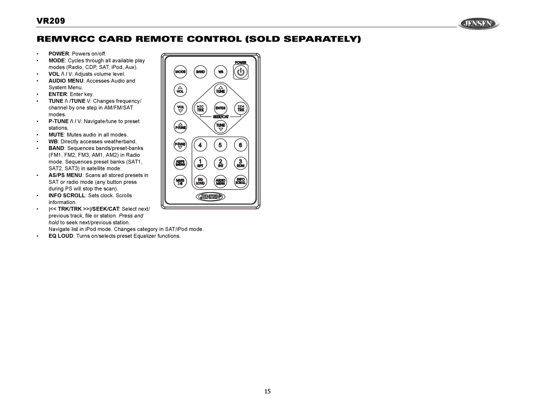 Jensen VR209 operation manual Remvrcc Card Remote Control Sold Separately 