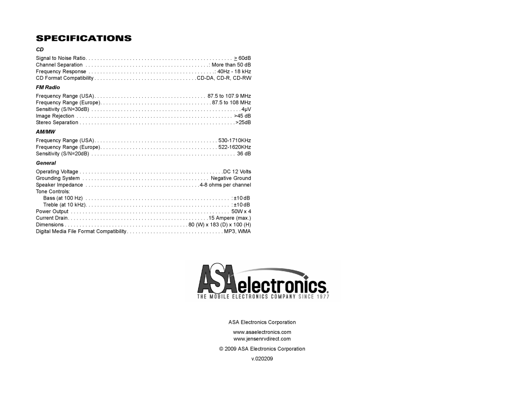 Jensen VR209 operation manual Specifications, FM Radio, General 