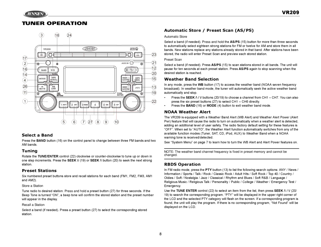 Jensen VR209 operation manual Tuner Operation 