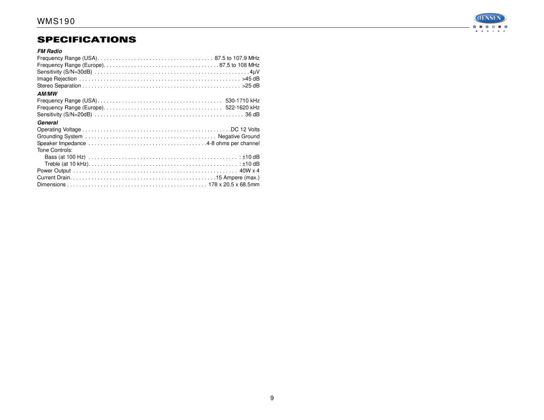 Jensen WMS190 operation manual Specifications, FM Radio, General 