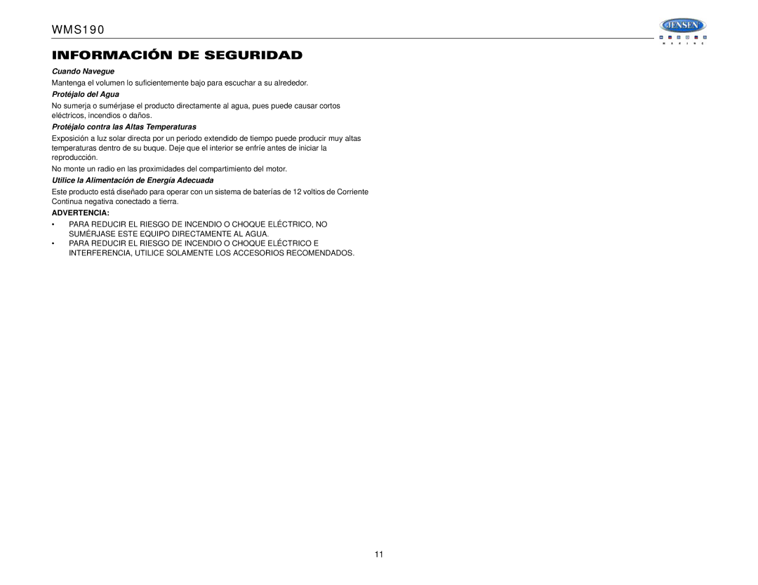 Jensen WMS190 Información DE Seguridad, Cuando Navegue, Protéjalo del Agua, Protéjalo contra las Altas Temperaturas 