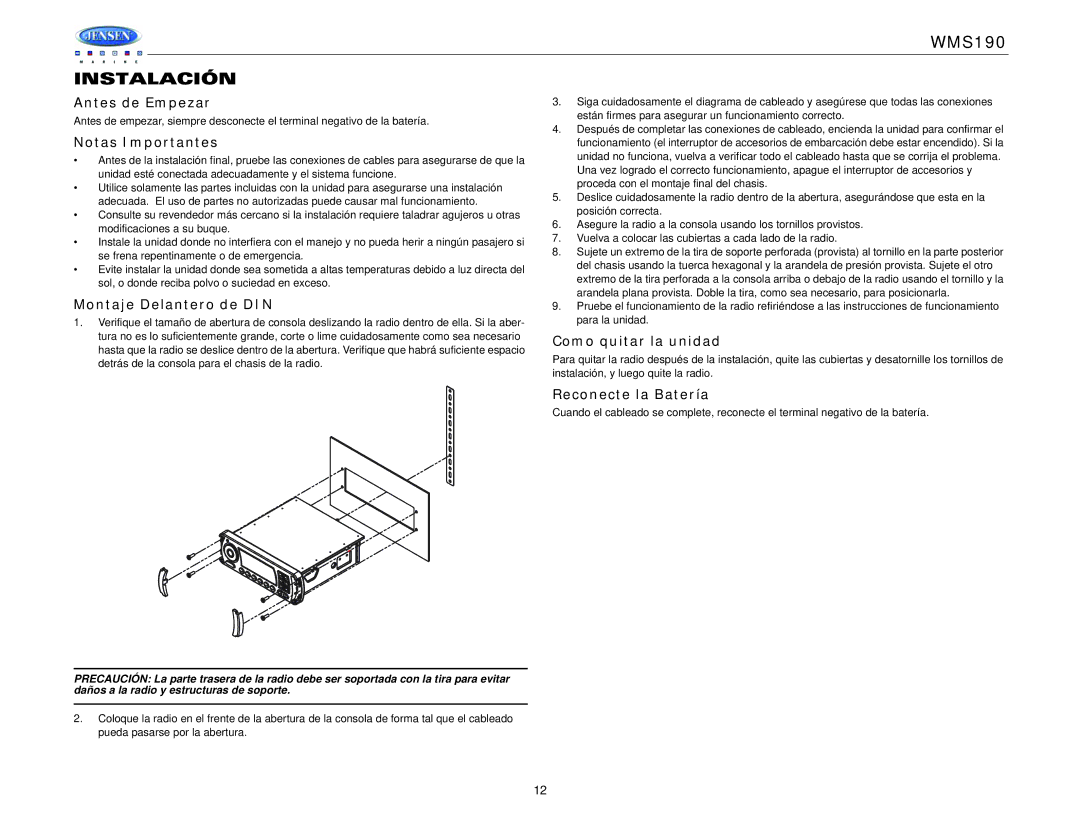 Jensen WMS190 operation manual Instalación 