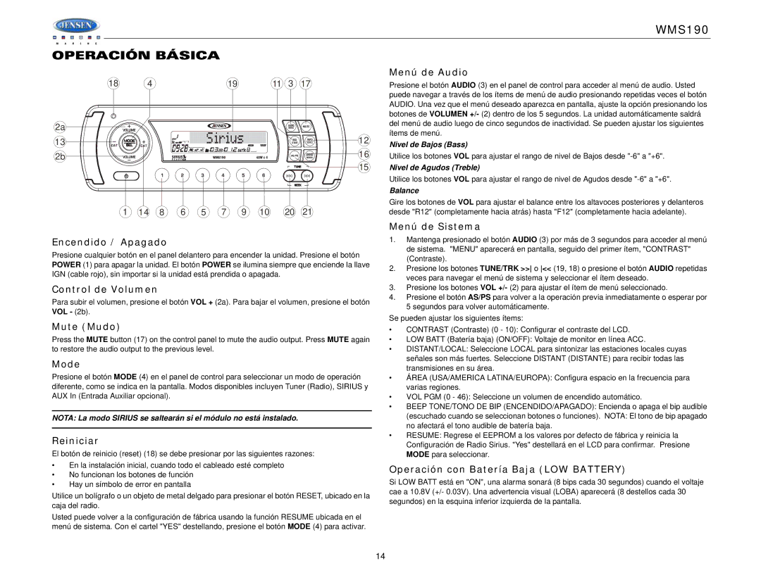 Jensen WMS190 operation manual Operación Básica 