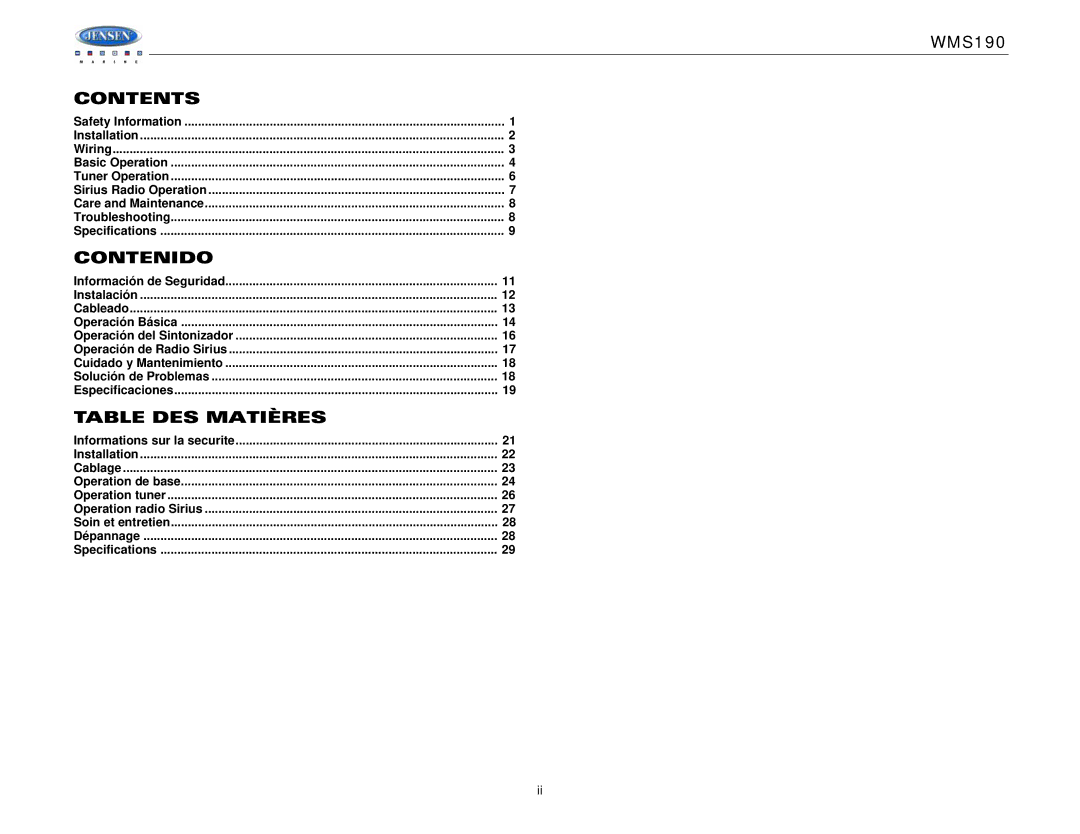 Jensen WMS190 operation manual Contents, Contenido, Table DES Matières 