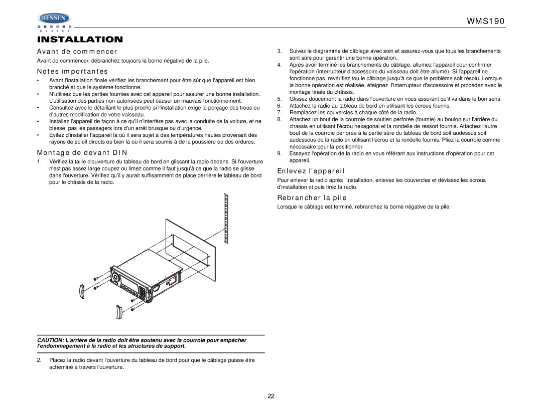 Jensen WMS190 operation manual Avant de commencer, Montage de devant DIN, Enlevez lappareil, Rebrancher la pile 