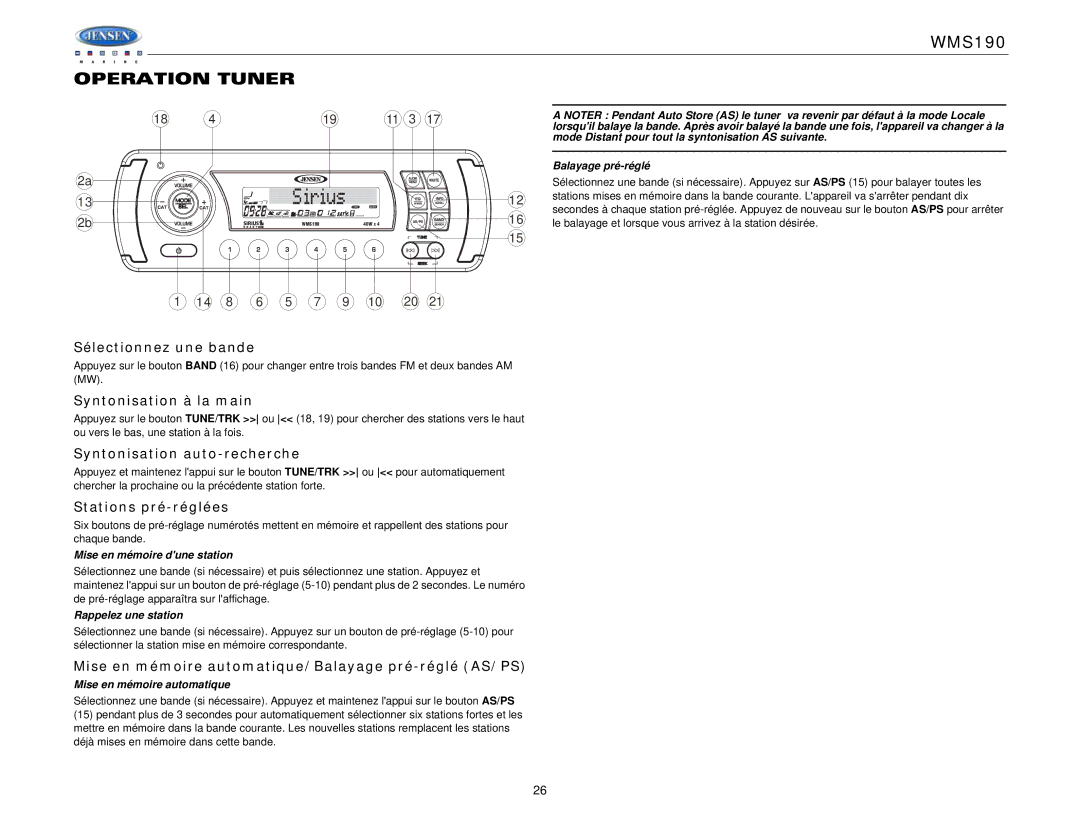 Jensen WMS190 operation manual Operation Tuner 