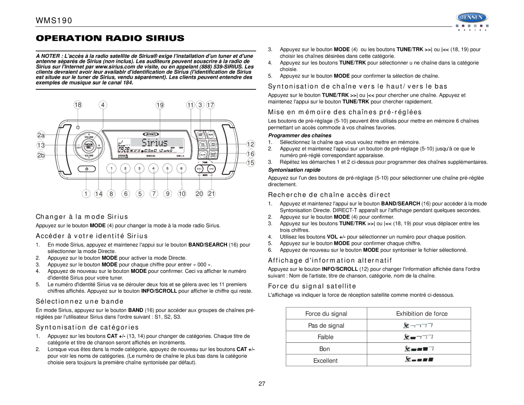 Jensen WMS190 operation manual Operation Radio Sirius 