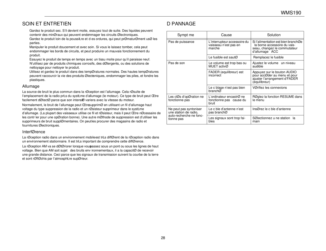 Jensen WMS190 operation manual Soin ET Entretien Dépannage, Allumage, Interférence 