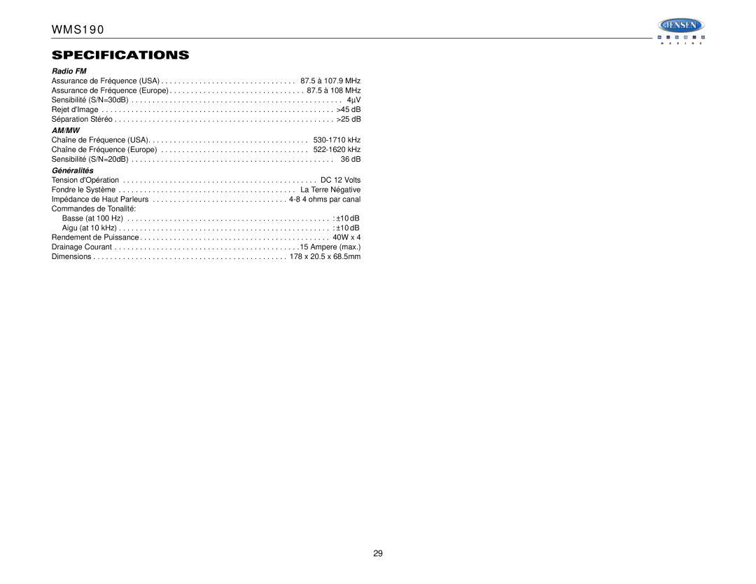 Jensen WMS190 operation manual Specifications, Généralités 