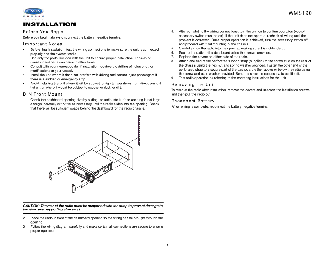 Jensen WMS190 operation manual Installation 