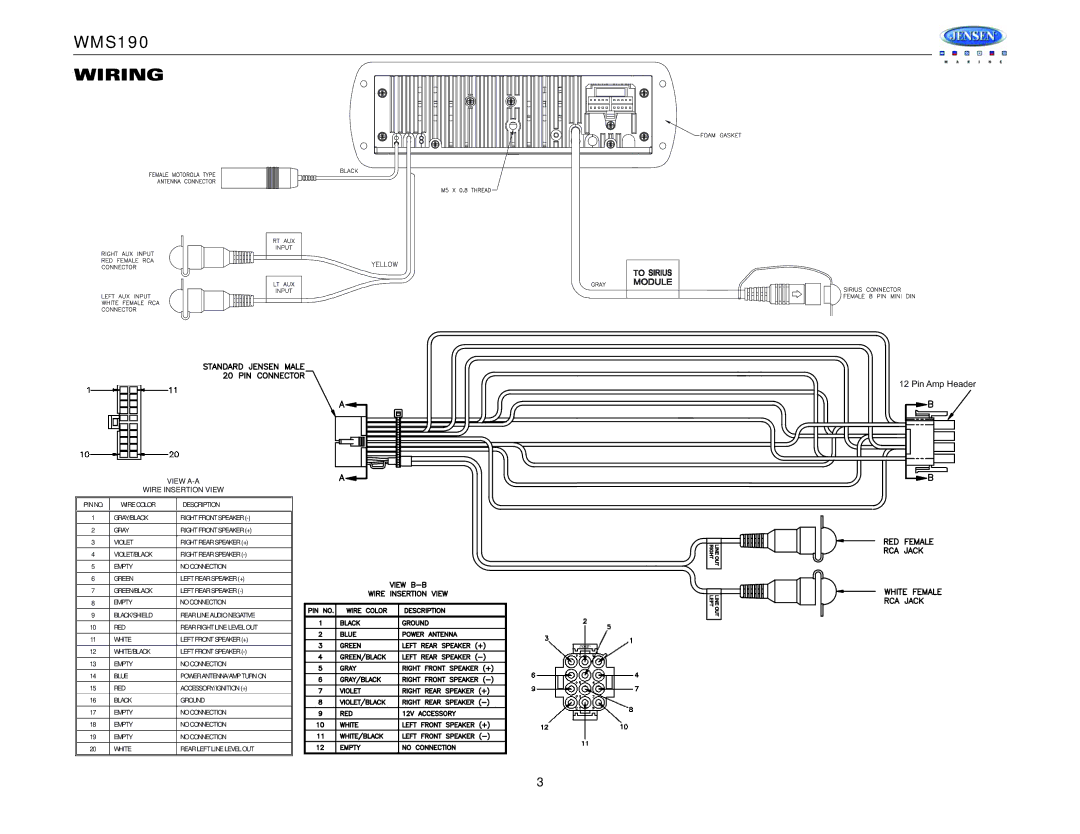 Jensen WMS190 operation manual Wiring, View A-A Wire Insertion View 