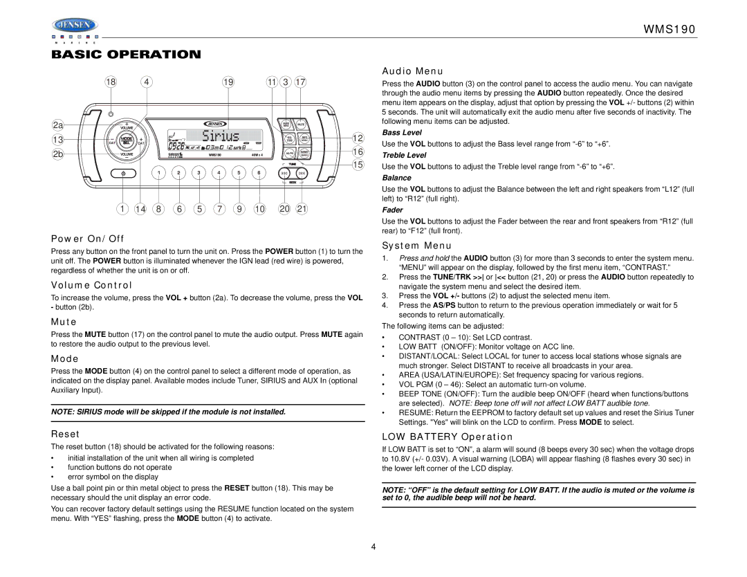 Jensen WMS190 operation manual Power On/Off, System Menu, Volume Control, Mute, Mode, Reset, LOW Battery Operation 