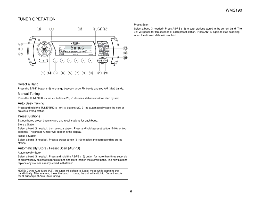 Jensen WMS190 operation manual Tuner Operation 