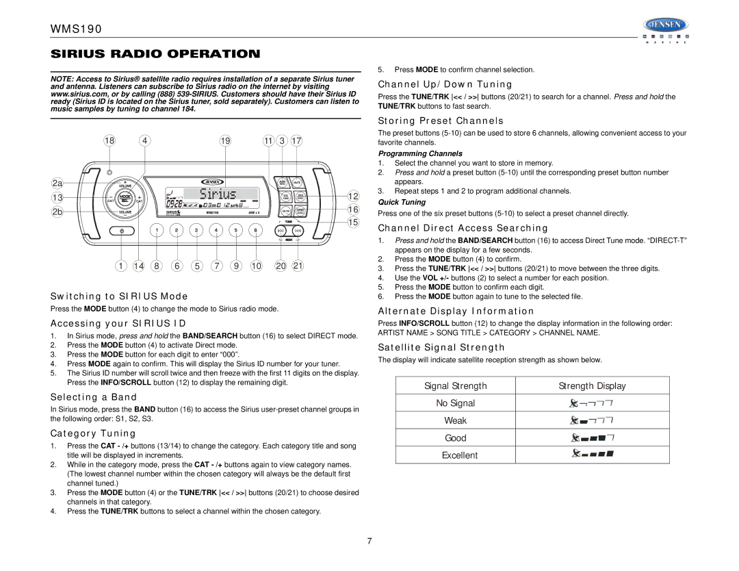 Jensen WMS190 operation manual Sirius Radio Operation 