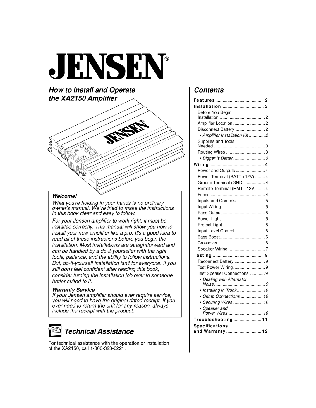 Jensen owner manual How to Install and Operate the XA2150 Amplifier, Technical Assistance, Contents 