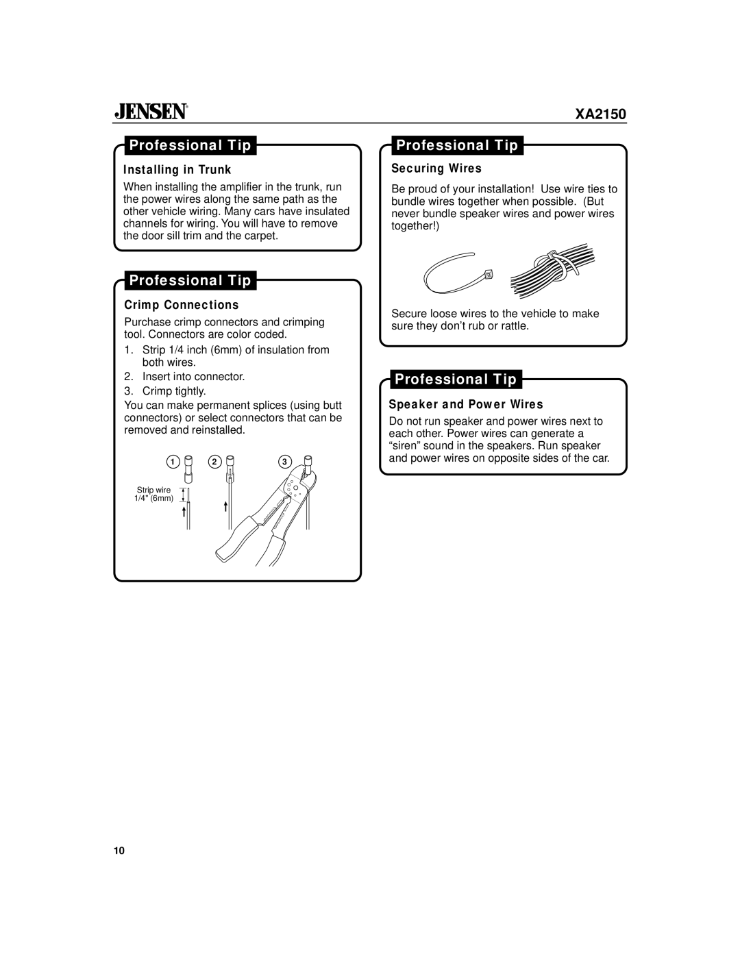 Jensen XA2150 owner manual Installing in Trunk, Securing Wires, Crimp Connections, Speaker and Power Wires 