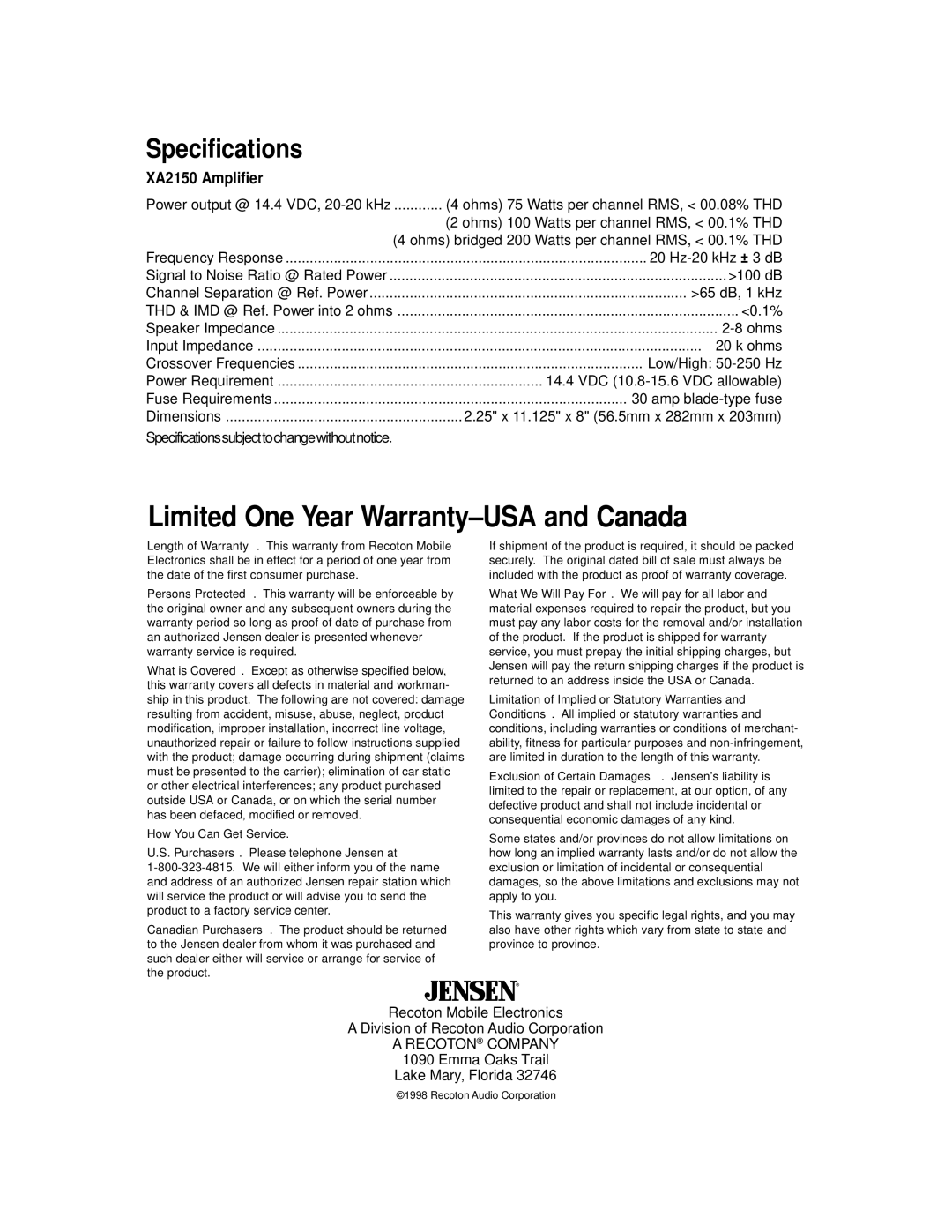 Jensen owner manual Specifications, XA2150 Amplifier 